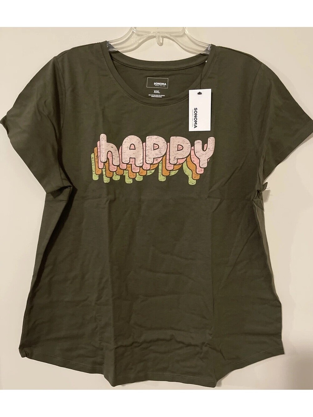 Sonoma Womens 2XL Green Crewneck Short Sleeved “HAPPY” Fall Tshirt NWT! A2992